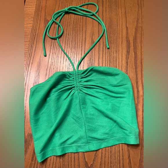 ZARA Kelly Green‎ Halter Bandeau Crop Top Adjustable Tie Ruched Smocked Sz Small - Picture 1 of 9